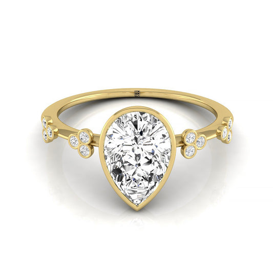 14ky Bezel Set Pear Engagement Ring With 12 Clover Bezel Set Round Diamonds On Shank
