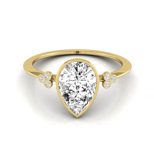 14ky Bezel Set Pear Engagement Ring With 6 Clover Bezel Set Round Diamonds On Shank