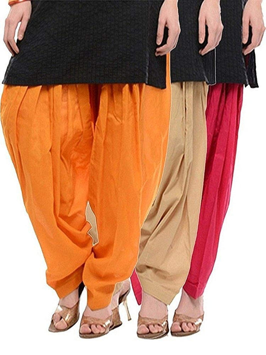 BILOCHI'S Women's Cotton Patialas (Orange, Beige and Rani Pink, Free Size) Combo Pack