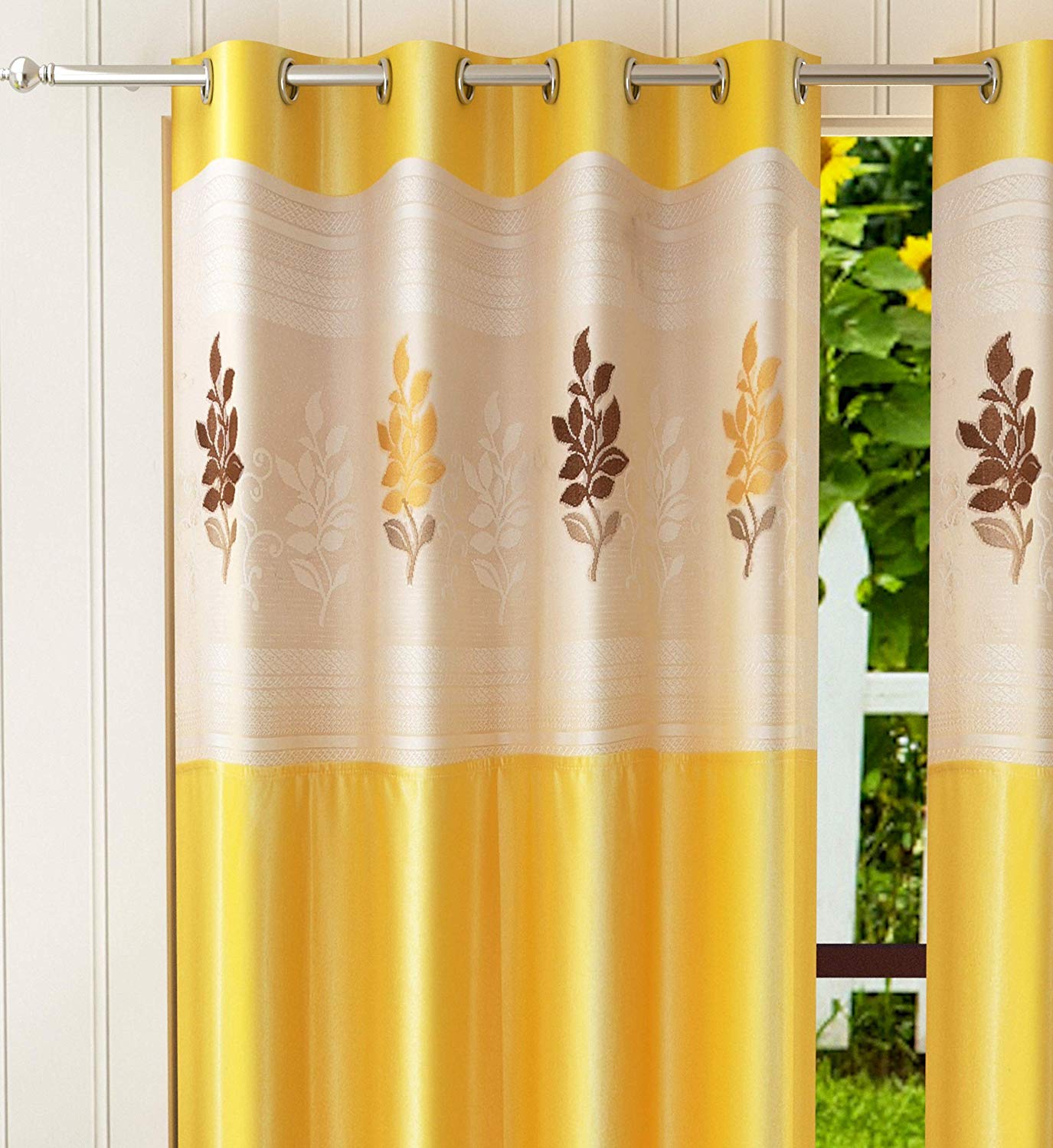 Nitin LaVichitra Polyester Door Curtain with Floral Net (7ft, Yellow) -2 Pieces