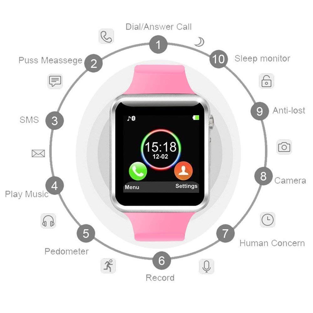 Mobielectrocart Smart Watch A1 Bluetooth Smartwatch Compatible with All Mobile Phones for Boys and Girls (Pink)